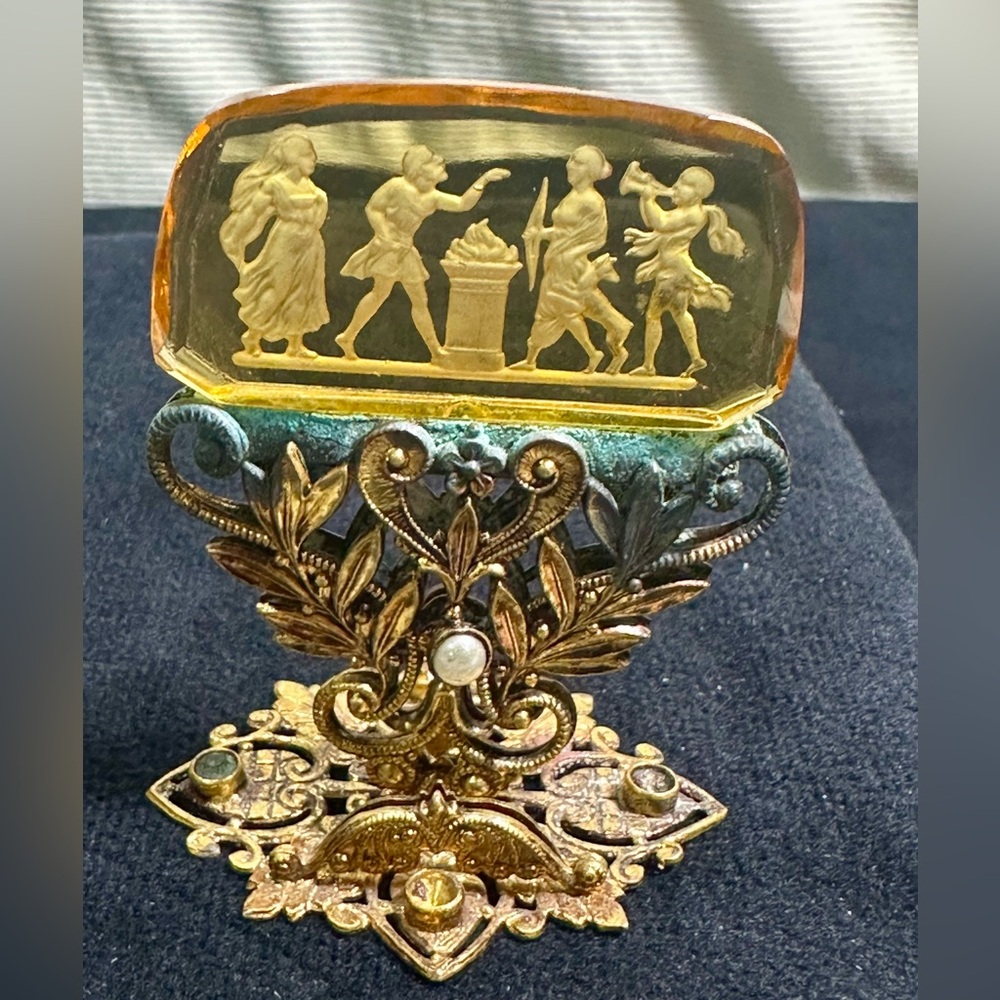 Antique Intaglio Czech Moser Glass Mythological Scene Place Card Holder/Decor